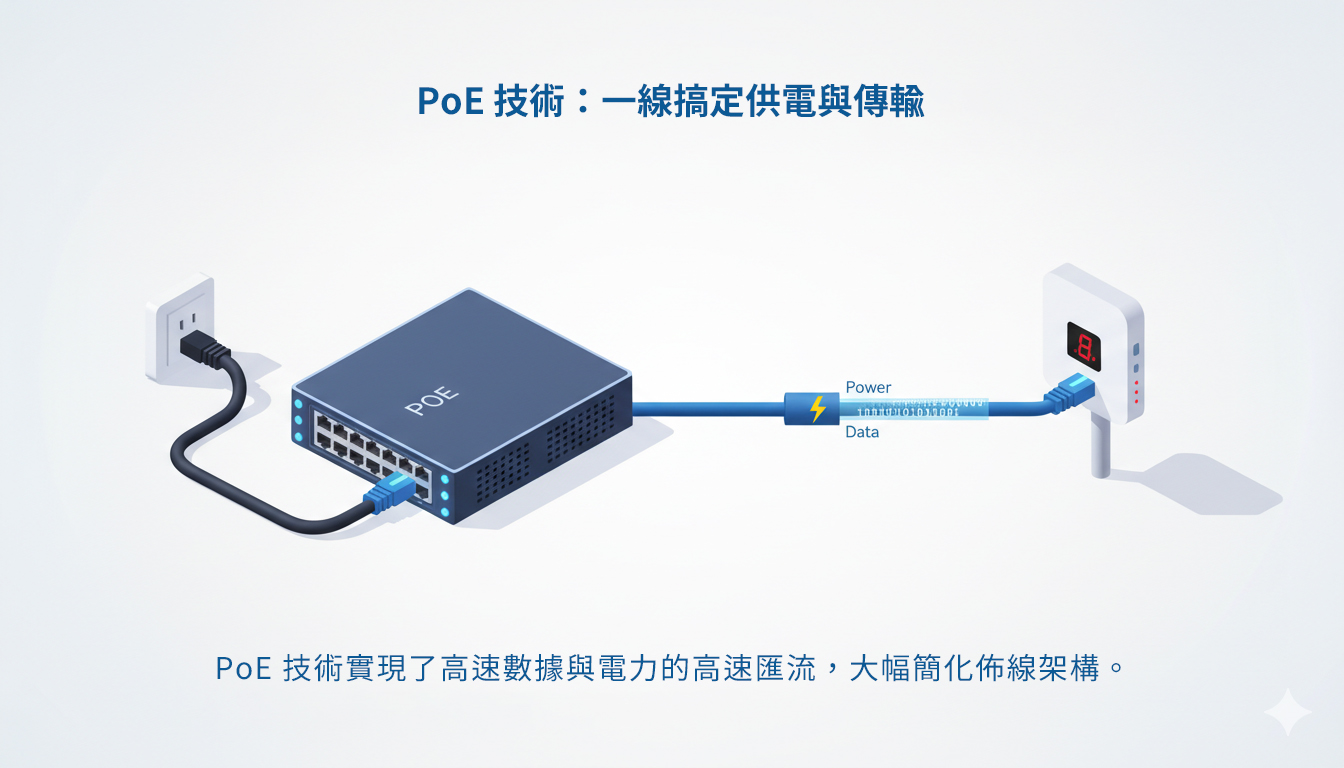 PoE無線AP一線供電與傳輸示意圖