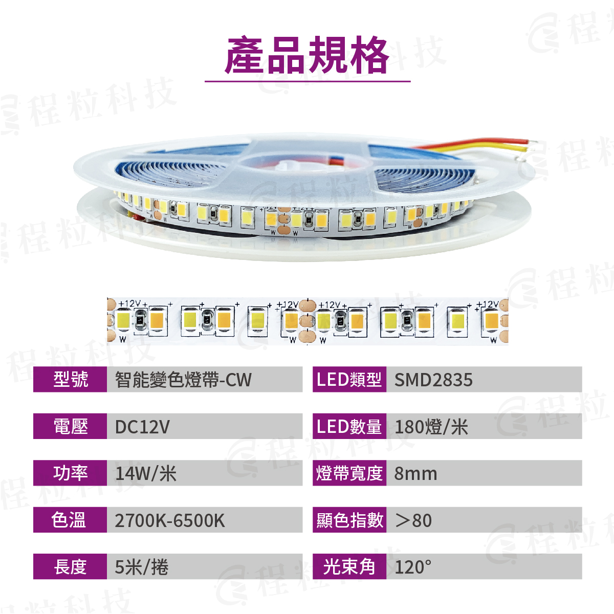 12V雙色溫CW智慧變色燈帶規格，採用SMD2835高密度180燈