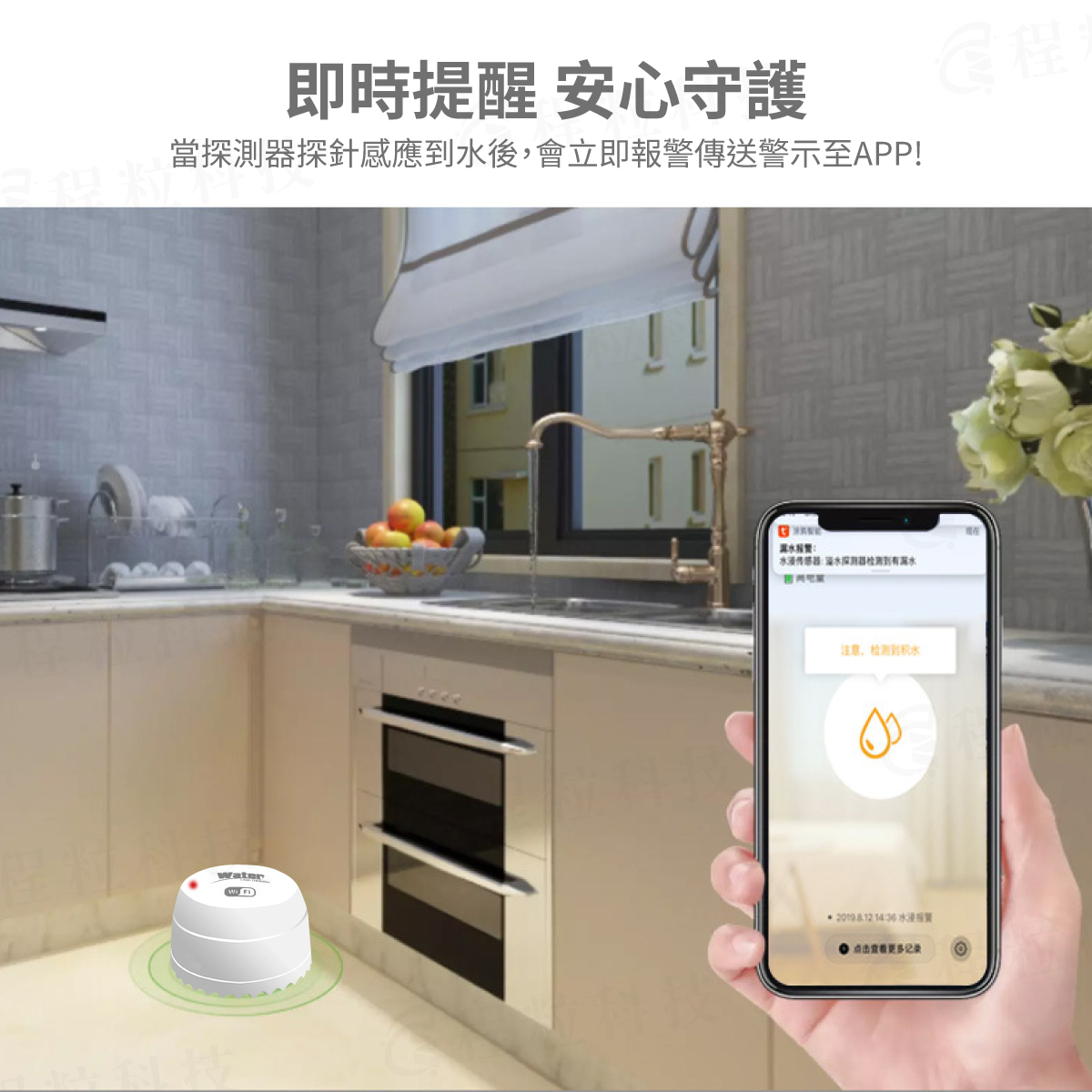 廚房流理台積水偵測，智慧漏水感測器即時警報與手機App推播