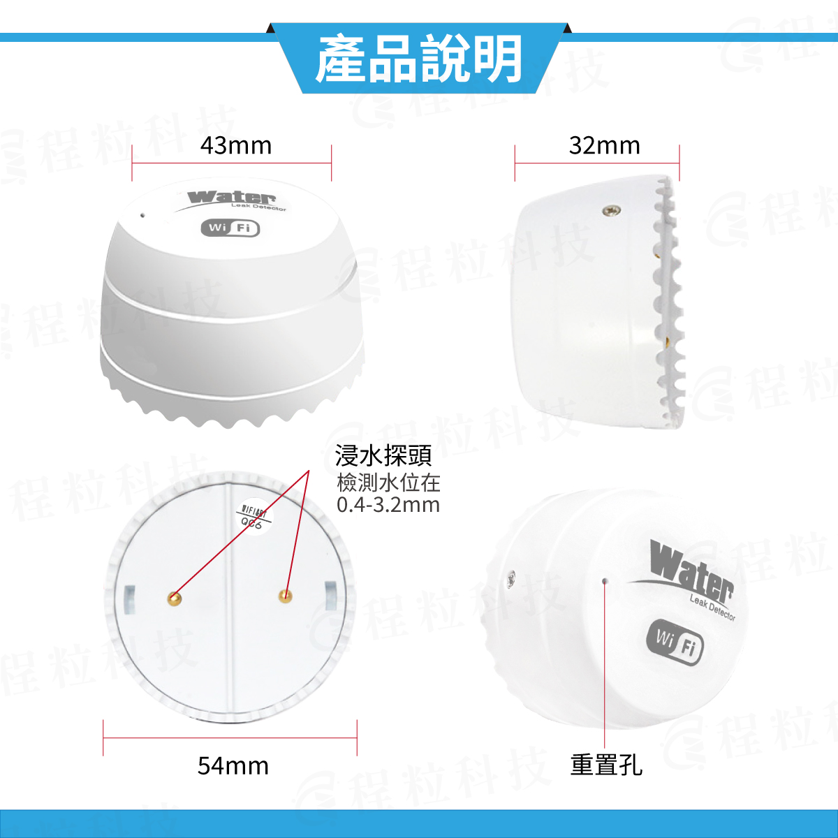 瓶蓋款智慧漏水偵測器尺寸結構，標示重置孔與底部浸水探頭