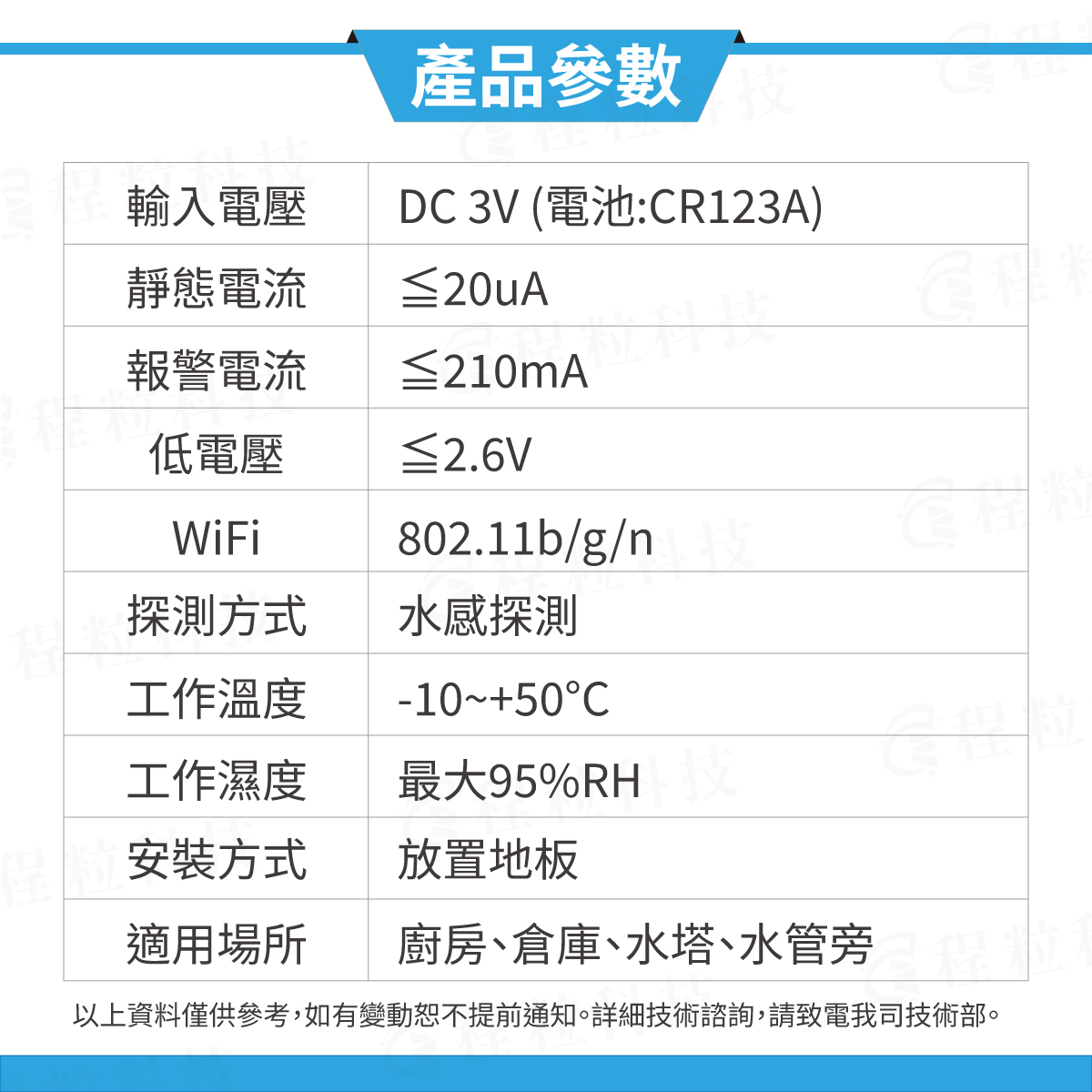 瓶蓋款智慧漏水警報器技術參數，採用CR123A電池與水感探測