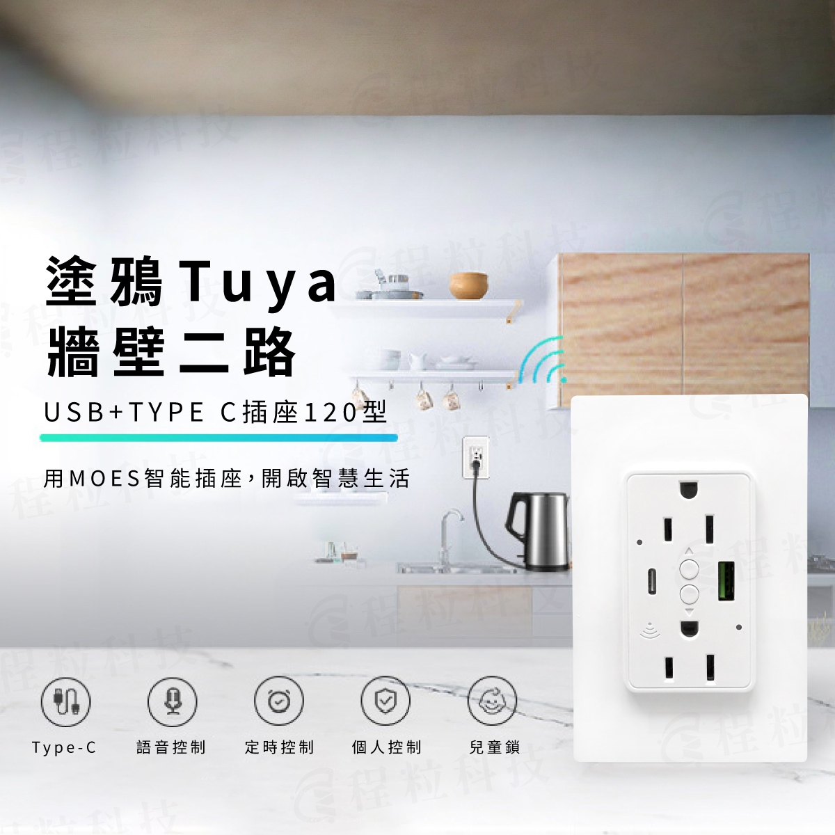 塗鴉 Tuya 智慧牆壁插座120型，雙路開關與USB+Type-C充電孔