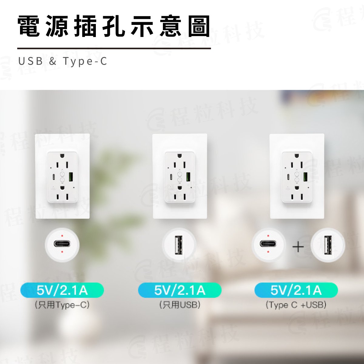 塗鴉智慧牆壁插座電源插孔示意圖，支援Type-C與USB多種輸出